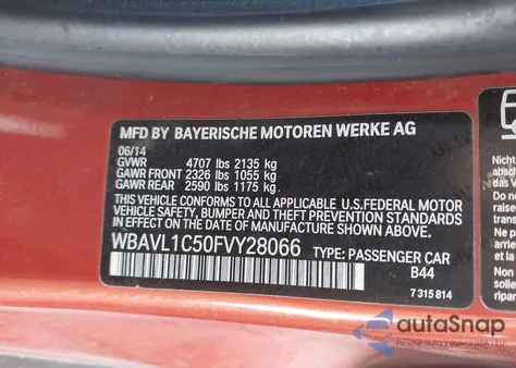 2015 BMW X1 xDrive28I из США, поврежденный, VIN WBAVL1C50FVY28066